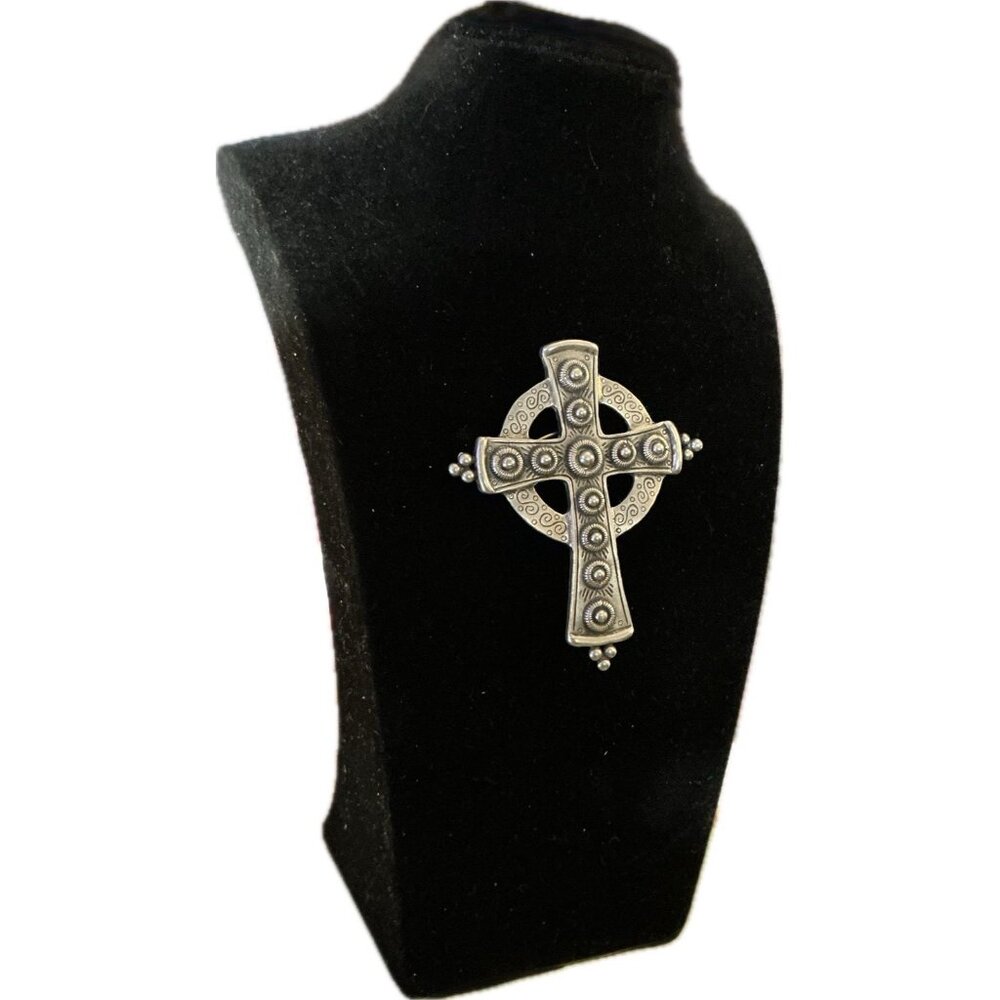Vintage JJ Celtic Cross Pin Brooch Pewter Embossed Steampunk Goth 1988 READ